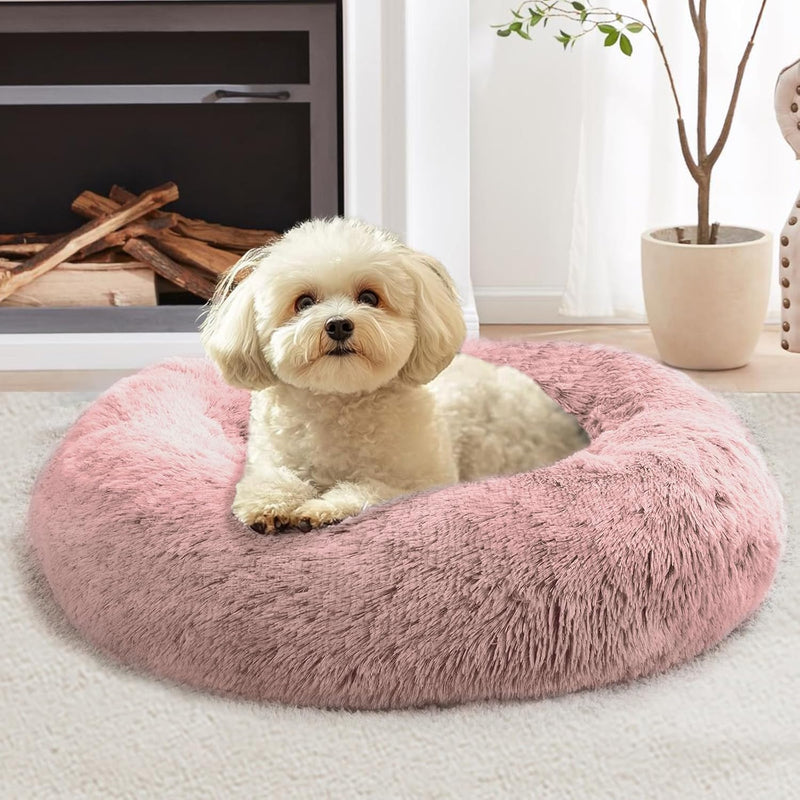 JOLLYVOGUE Calming Dog Bed Medium Size Dog, 31in Donut Washable Medium Pet Bed, Anti-Slip & Anti-Anxiety Fluffy Faux Fur
