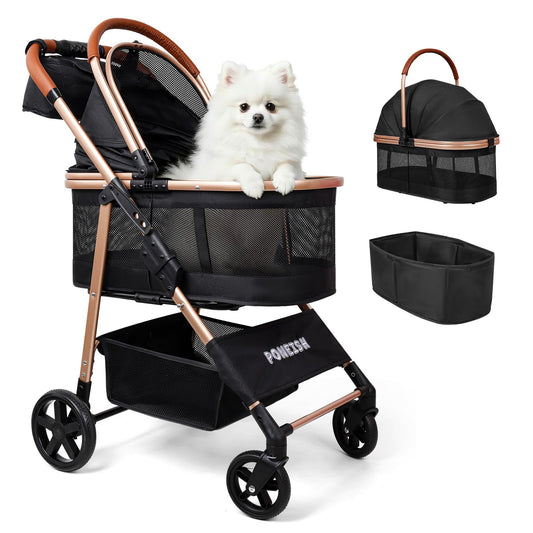 Pet Stroller for Small/Medium Dogs & Cats Up to 50 lbs, 3-in-1 Foldable Stroller w/Detachable Carrier & Car Seat, Removable All-Season Liner, Sunshade, Storage Basket & Cup Holder, All-Terrain, Black