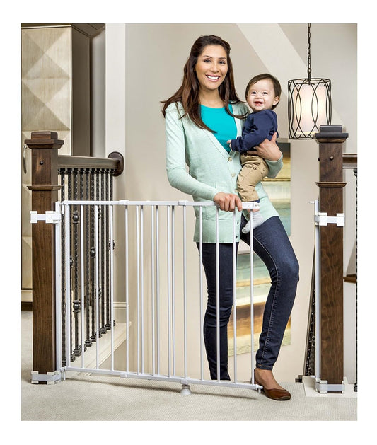 Regalo Safety 29-43" Top of Stairs Baby Gate, Extra Wide Baby Gate, Extra Wide Hardware Mounted Stair Gate with Banister & Wall Mount Kit, Walk-Through Safety Gate with Door for Toddlers & Pets