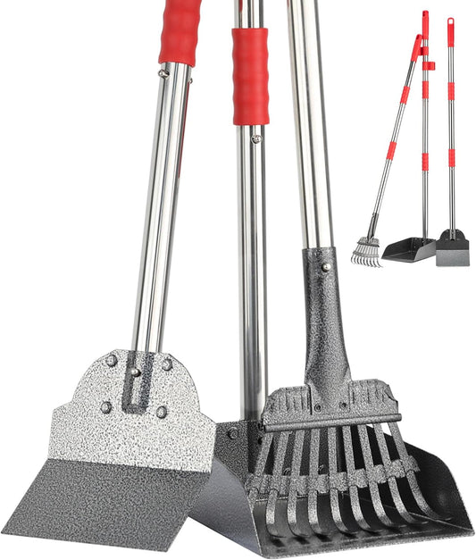 FUSBUNTY Pooper Scooper, Long Handle Dog Pooper Scooper, Heavy Duty Stainless Steel Rake with Tray & Spade Set for Pet Waste Removal, for Grass, Dirt or Gravel