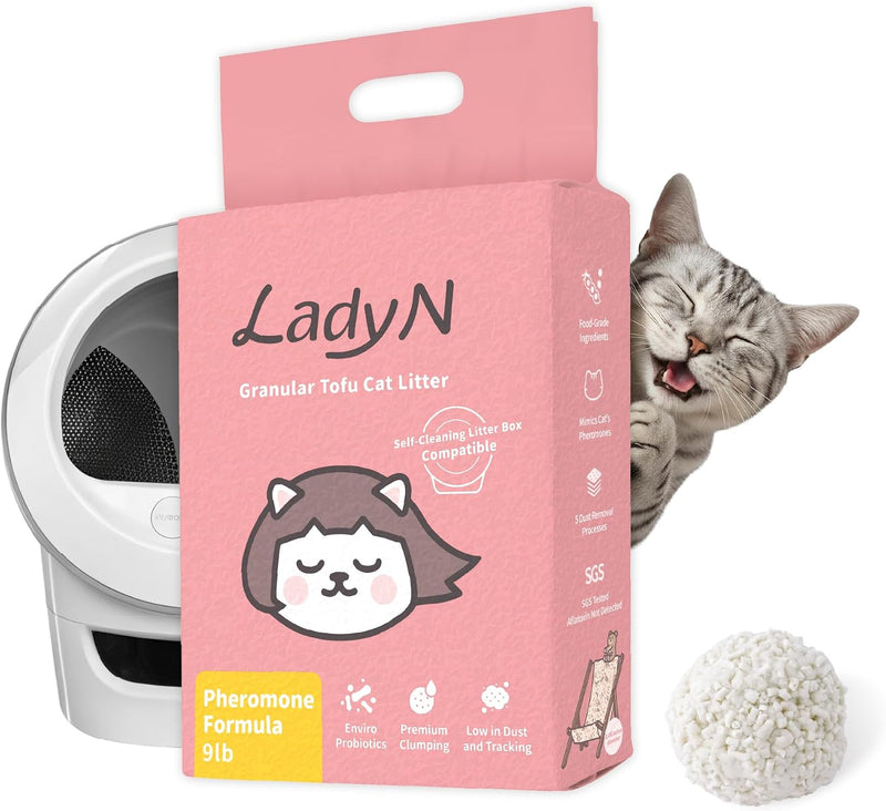 Lady N Cat Attract Tofu Litter – Natural Attractant Formula for Litter Box Training, Calming Pheromone for Multi-Cat Homes, Granular Mini-Pellet Shape for Self-Cleaning Box, 9lb