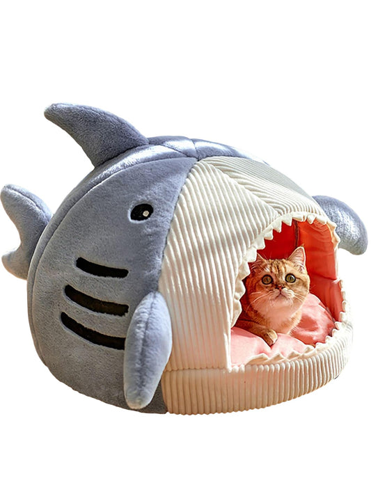 QWINEE Cat Mat Shark-Shaped Kennel Kitten Bed Hideout House Warm Soft Comfortable Semi-Closed Cat Dog Nest Blue L