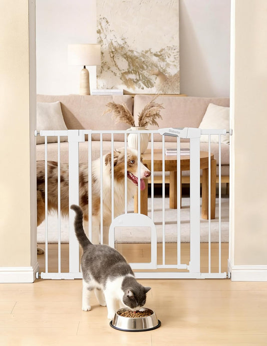 Babelio Baby Gate with Adjustable Cat Door,29-43" Auto Close Durable Pet Door for Stairs,Doorways and House,Pressure Mounted,Easy Install,Effortless Walk Thru,White