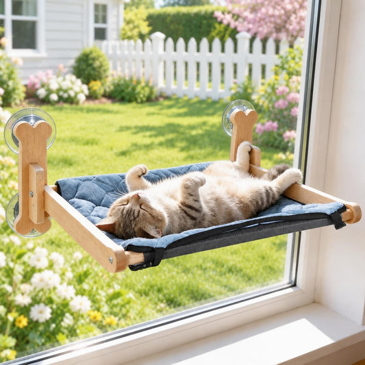 SZEE Cat Window Perch, Window Cat Bed, with Reversible Ice Cooling Silk Mat, Foldable Pet Perch Hammock with Sturdy Wooden Frame & Large Suction Cup, with Soft Flannel Plush Backing for All-Season Use