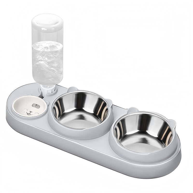 Marchul 3 in 1 Cat Bowl, Cat Food and Water Bowl Set with Water Dispenser and Stainless Steel Bowls, 15° Tilted Pet Raised Three Bowls for Indoor Cats, Small or Medium Sized Dogs