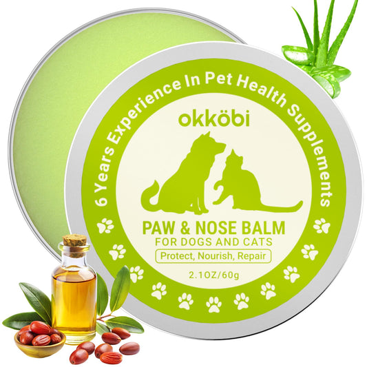 OKKÖBI Dog Paw Balm - Coconut, Shea Butter, Jojoba Oil and Beeswax Formula - All-Natural Lick-Safe Pet Paw & Nose Balm for Cracked, Dry Foot & Noses - Soothing & Protective Salve - 60g - 2.1 oz