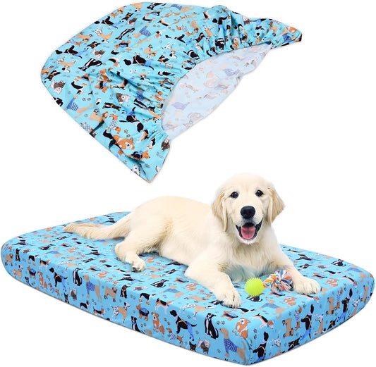 Hoopttay Dog Bed Covers Replacement Washable, Elastic Edged Pet Bed Protector with Cute Dog Pattern Design for Small & Medium Pet Beds, Cover Only (Blue, 36x27x6 Inch)