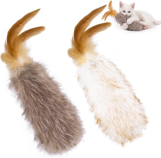 Migipaws 2-Pack Plush Cat Toys with Natural Feather & Catnip, Soft Fluffy Tail & Interactive Hanging Ring for Wand Attac