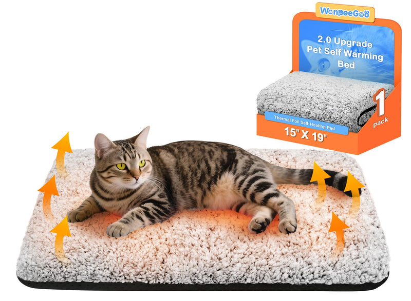 WanpeeGoo Self Warming Cat Bed, Heated Cat Bed, 2.0 Upgraded Thermal Foil Heating Pad, Plush Self-Heating Pet Mat for Crate, Floor, with Removable Washable Cover, Non-Slip, 15