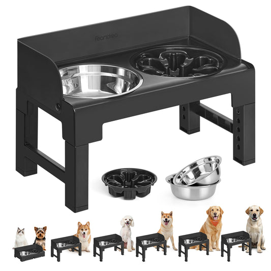 Feandrea Dog Bowls Elevated, Raised Stand with 1 Slow Feeder and Two 304 Stainless Steel Bowls, Adjustable Height and Tilted Design, Ink Black UPRB103B01