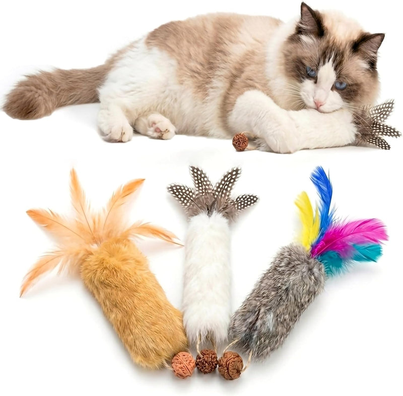 Cat Toy Rabbit Fur Feather 3pcs Gall Fruit Treat Kitten Kick Indoor