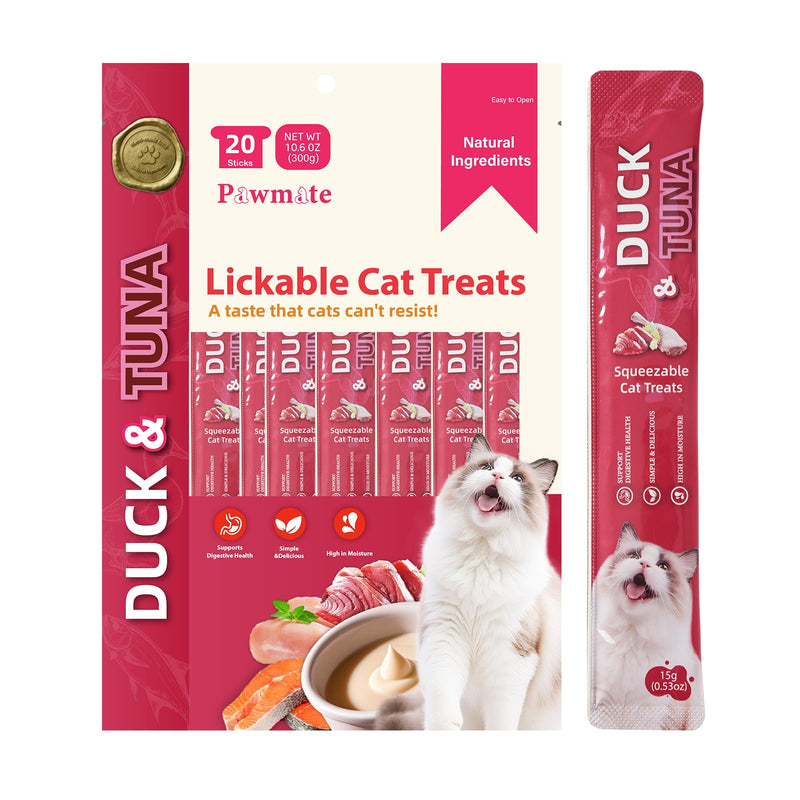 Pawmate Lickable Tuna & Duck Cat Treats, High Moisture Wet Cat Squeeze Snacks for Urinary Health & Hydration, Creamy Cat Puree for Kittens & Adult Cats, Grain-Free & Easy to Digest, 20 Tubes x 15g
