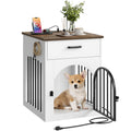 CHOEZON Dog Crate Furniture, Wooden Dog House with Charging Station and Storage Drawer, Indoor Pet Crate End Table for Small Breeds, Dog Kennel for Living Room, Bedroom, White and Walnut MGW01UWL