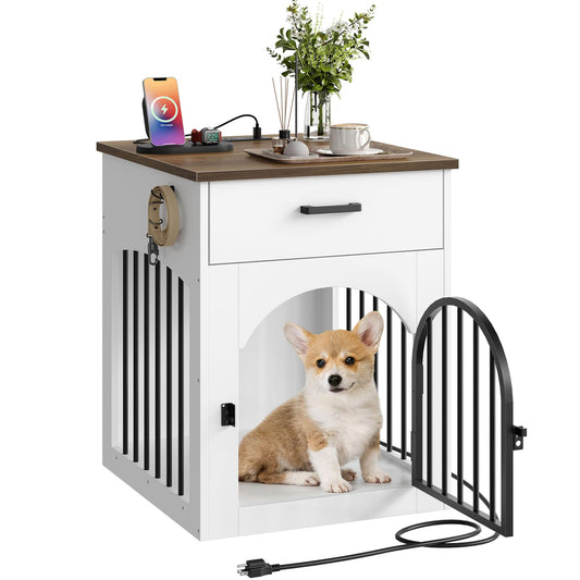 CHOEZON Dog Crate Furniture, Wooden Dog House with Charging Station and Storage Drawer, Indoor Pet Crate End Table for Small Breeds, Dog Kennel for Living Room, Bedroom, White and Walnut MGW01UWL