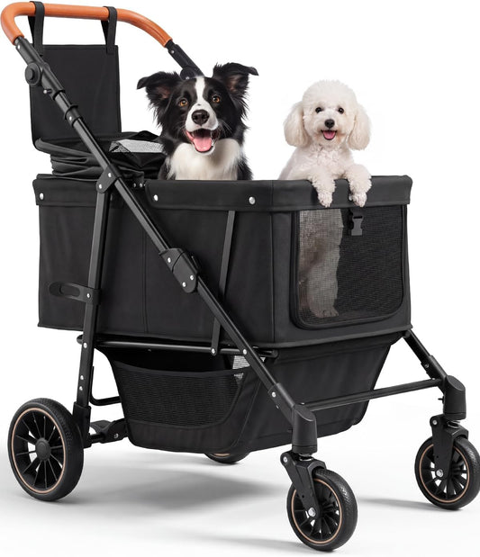 Dog Stroller for Large & Medium Dogs (Up to 66lbs), Pet Stroller for 2 Small Dogs with Adjustable Handle & Canopy, Sun Shades, Storage Organizer, Foldable & Ventilated,Black
