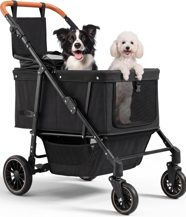 Dog Stroller for Large & Medium Dogs (Up to 66lbs), Pet Stroller for 2 Small Dogs with Adjustable Handle & Canopy, Sun Shades, Storage Organizer, Foldable & Ventilated,Black