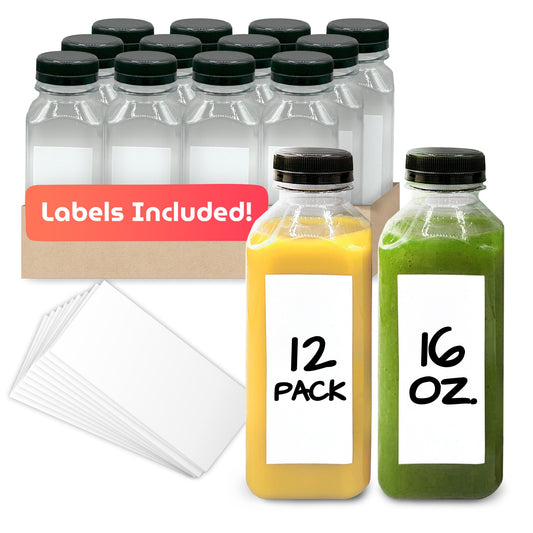 Reli. Plastic Juice Bottles [12 Pack] [16 oz] Square 16 oz Plastic Bottles with Caps & Sticker Labels | Clear, Empty for Drinks 16oz | Disposable, Reusable Containers for Juicing, Smoothies