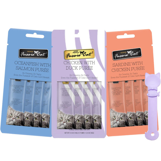 Fussie Cat Premium Puree Lickable Cat Treats in Chicken Puree, Lickable Treats, 3 Packs of 4-0.5oz Tubes,(12 Total Tubes) Variety Flavor Pack of 3 Flavors. Oceanfish, Sardine, Chicken + Lid