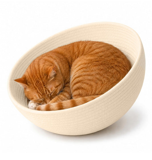 BonHautier Cotton Rope Cat Bed Mat for Space Capsule, 13.8" Breathable Round Nest Liner, All-Season Warm & Cooling Pet Pad, Washable Scratch-Resistant Bedding for Cat Tree & Clear Bowl (Off White)
