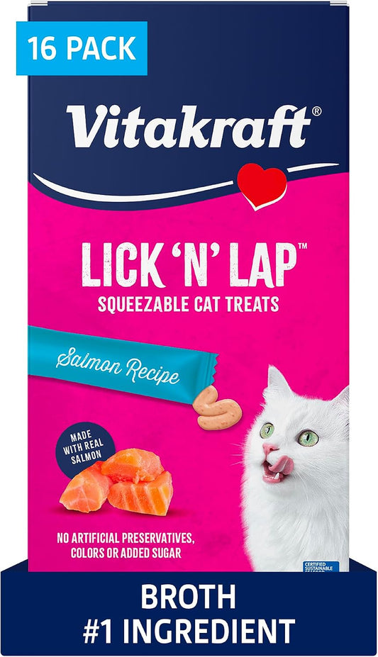 Vitakraft Lick 'N' Lap Real Salmon Squeezeable Liquid Cat Treats, Lickable, Salmon Broth #1 Ingredient, No Artificial Colors, Preservatives or Added Sugar, for Hydration, 0.52 oz. Tubes, 16 Count