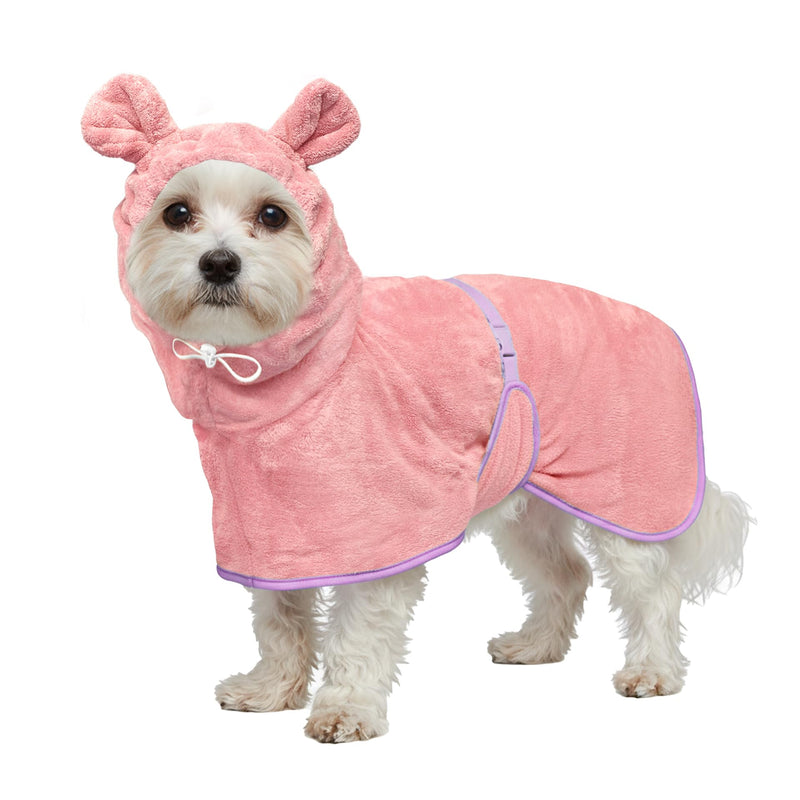 Dog Bathrobe Super Absorbent Towel Robe - Microfiber Bath Towels Fast Drying Coat for Dogs, Cute Dogs Clothes Adjustable Collar & Belly Strap Warm Keeping Hooded Dog Towel (Pink, Medium)