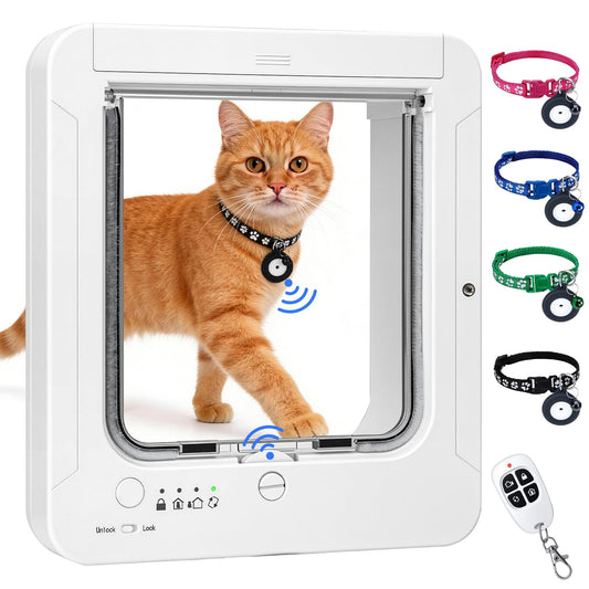 Smart Cat Door with 4 Collar Sensor Key, RFID Cat Door Collar Activated with Remote Control, 4 Way Locking Cat Flap Automatic Pet Door Interior & Exterior(White)