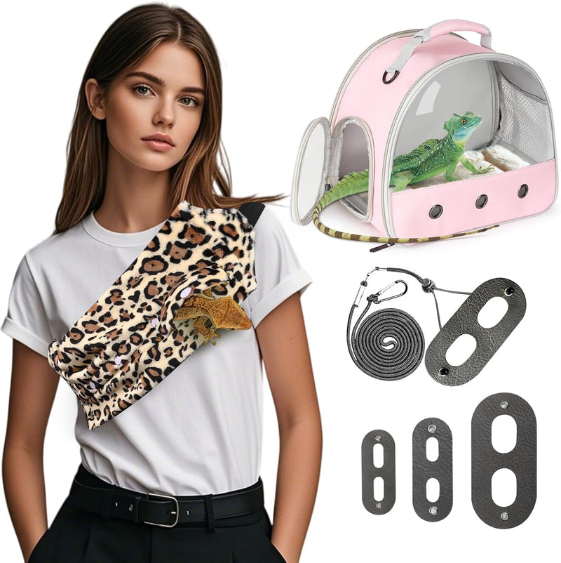 Portable Bearded Dragon Carrier with Leash and Harness Set, Beardie Carrier, Lizard Adjustable Harness with Leather Wing