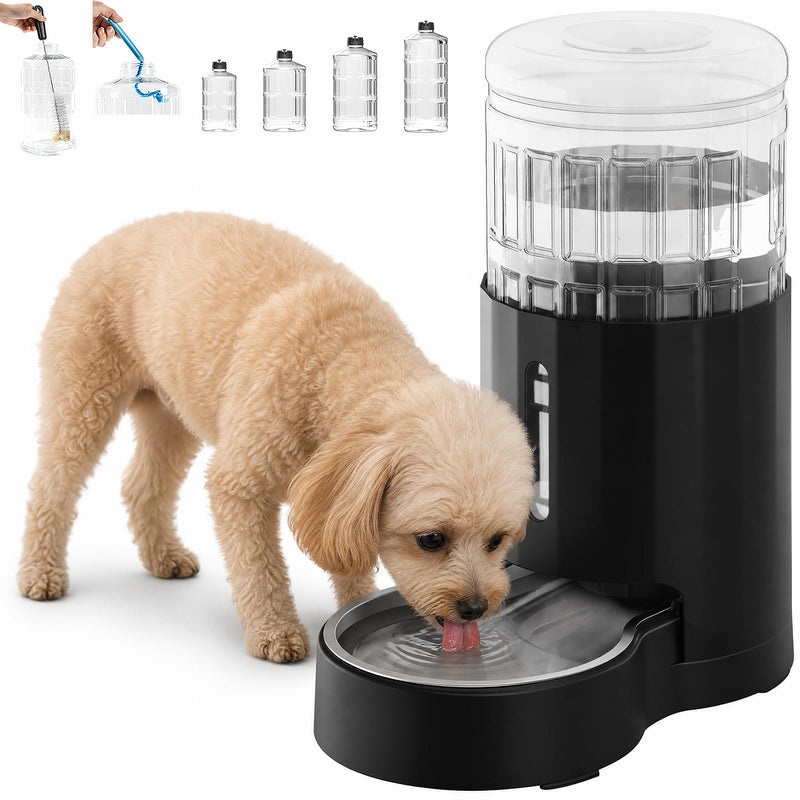 CZPET Dog Water Bowl Dispenser 4L, Wider Mouth & Upgraded Brush for Easy Cleaning Automatic Cat Gravity Refilling Waterer with Removable Stainless Steel Bowl, Large Drinking Area for Multi-Pet (Black)