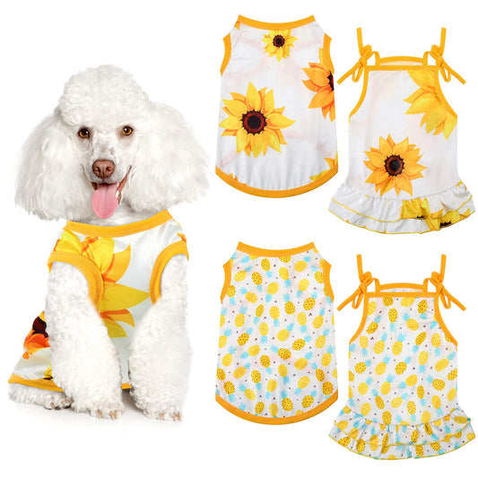Frienda 4 Pieces Dog Clothes Set Include 2 Pcs Cute Pet Dress Lovely Dog Dress and 2 Pcs Breathable Pet T Shirt Puppy Clothes(Pineapple, Sunflower,Medium)