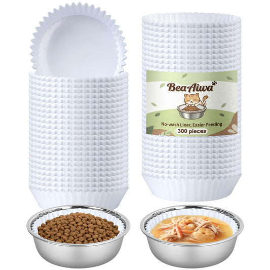 Bulk Disposable Cat Bowls Set (300 Pcs Cat Food Bowl liners + 2 Pcs Stainless Steel Pet Bowls) Disposable Pet Food Bowls for Puppy Kitten Small Dogs Cats Small Paper Bowls for Dry and Wet Food (White)
