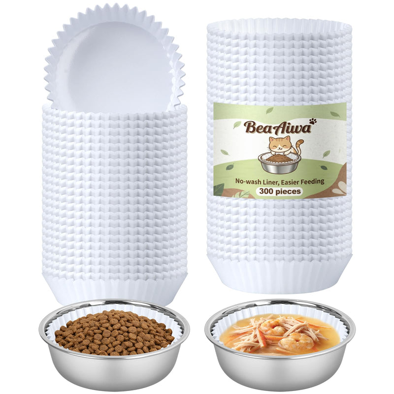Bulk Disposable Cat Bowls Set (300 Pcs Cat Food Bowl liners + 2 Pcs Stainless Steel Pet Bowls) Disposable Pet Food Bowls for Puppy Kitten Small Dogs Cats Small Paper Bowls for Dry and Wet Food (White)