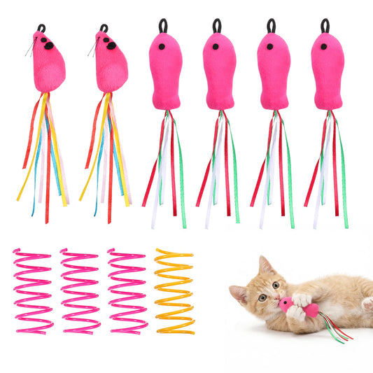 Xosjska 6 PCS Fish and Mice Catnip Toys Rose Red Cat Fish Toy Flopping Cat Wand Toy Interactive Catnip Toys with Ribbons Cats Wand Accessories with 4 PCS Springs for Indoor Cats Kitten Exercise