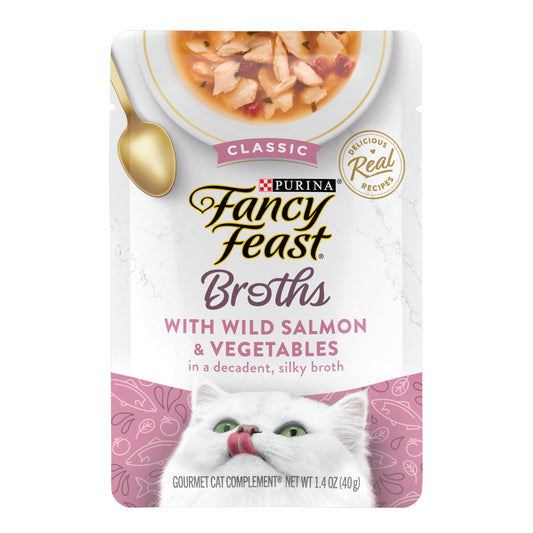 Purina Fancy Feast Lickable Wet Cat Food Broth Complement, Classic With Wild Salmon and Vegetables, (Pack of 16) 1.4 oz. Pouches