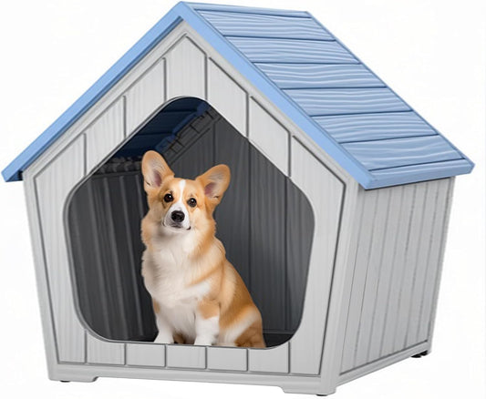 Fancyango Small Dog House Outdoor Indoor, Durable Plastic Waterproof Doghouse with Air Vents and Elevated Floor, Easy Clean and Assemble (Blue, 23.5" L×22.5" W×