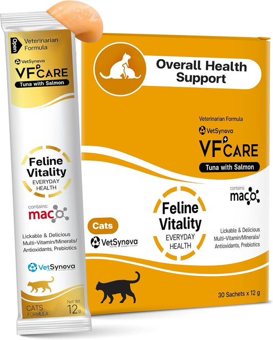 VFcare Feline Vitality Cat Supplement – Lickable Paste for Cat Immune Support & Cat Skin Allergy Relief – Daily Multi-Vitamin with Omega 3, Biotin, Prebiotics, Mac, Taurine – 30 Sachets