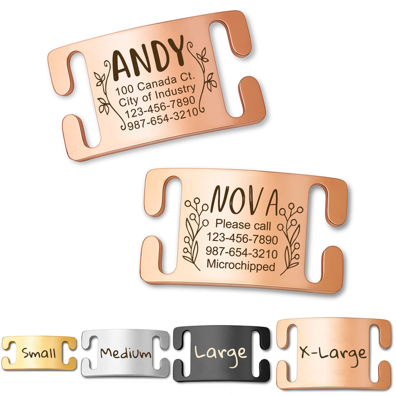 Anavia Slide On Silent Pet ID Tags, Fun Wild Flower Frame Design Personalized Engraved Plated Stainless Steel Cat Dog Name Tags, Glossy Customized Chew-Proof Quiet Dog Collar Tags (Small, Rose Gold)