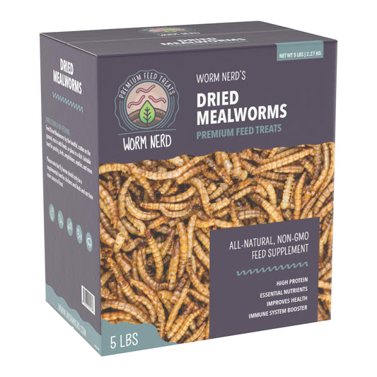 Worm Nerd WN60 5LB Dried Mealworms Non-GMO High Protein and Fiber Treat for Chickens, Birds, Reptiles, Amphibians, Fish