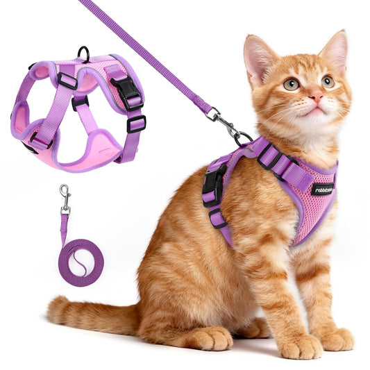 rabbitgoo Cat Harness and Leash Set, Escape Proof Soft Adjustable Vest Harnesses for Outdoor Walking, Easy Control Breathable Kitten Jacket with Reflective Strips, Pink & Purple, XS