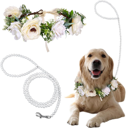 Pearls by Dog Wedding Collar and Leash Set - Elegant Flower Headband with Beaded Pearls - Adjustable Floral Collar (Medi