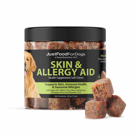 JustFoodForDogs Skin & Allergy Supplement for Dogs, Human Grade Dog Supplements, Skin & Coat Support, Multivitamin Soft Chews, Omega 3 Oil, Superfood Blend, Plant Based Dog Vitamins - 45 Count