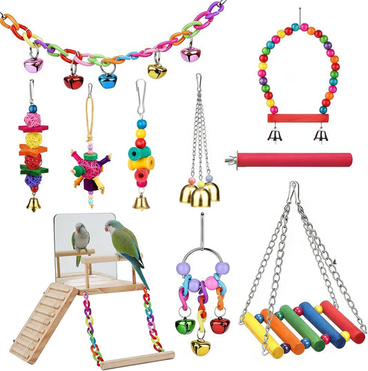 Bird Toys cage Accessories Parakeet Parrot Swing Wood Stand Perch with Mirror Climbing Ladder Interactive Hanging Toy fo