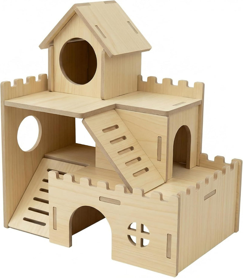 3-Tier Wooden Hamster Hideout, Syrian Hamster House with Ramps & Entrances, for Dwarf Hamsters, Gerbils (Not for Guinea 