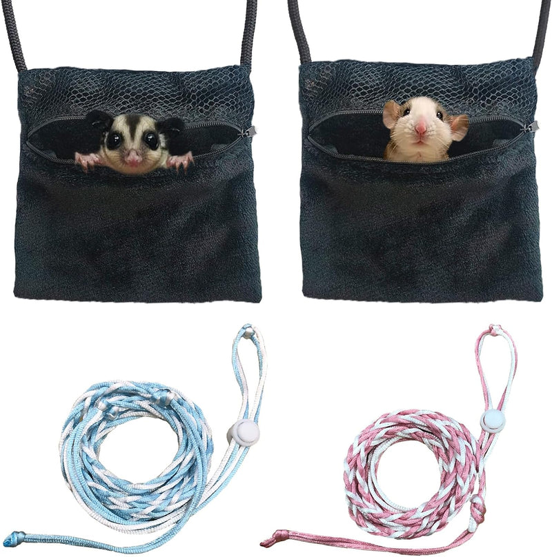 2 Pics Sugar Glider Pouch and 2 Pics Hamster Leash Small Animal Carry Pouch with Adjustable – Cozy & Portable Habitat fo