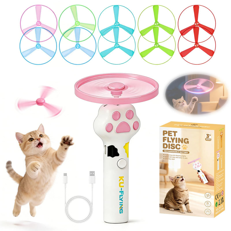 Orebog Cat Fetch Toy Launcher,Flying Disc Launcher Toy Rechargeable with 10 Flying Discs,Flying Cat Toy Disc Launcher for Kitten Dog Playing Interactive Hunting Tracking Toys for Outdoor Indoor,White