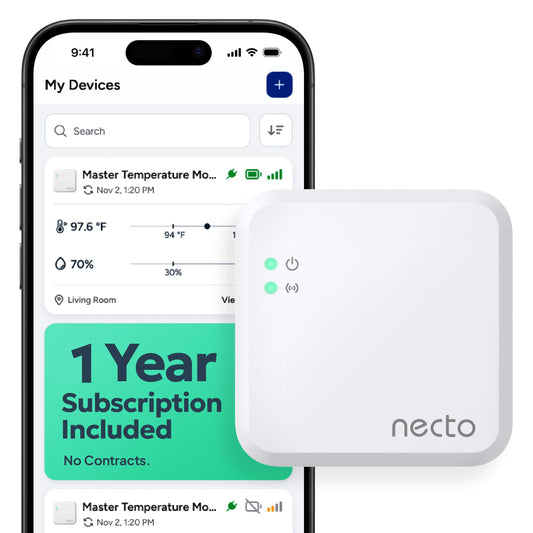 Necto RV Pet Temperature Monitor - No WiFi Required - Remote Power Outage & Temp Sensor with App Alerts. Cellular Monitoring System for Home Safety & Server Room (1 Year Subscription Included)
