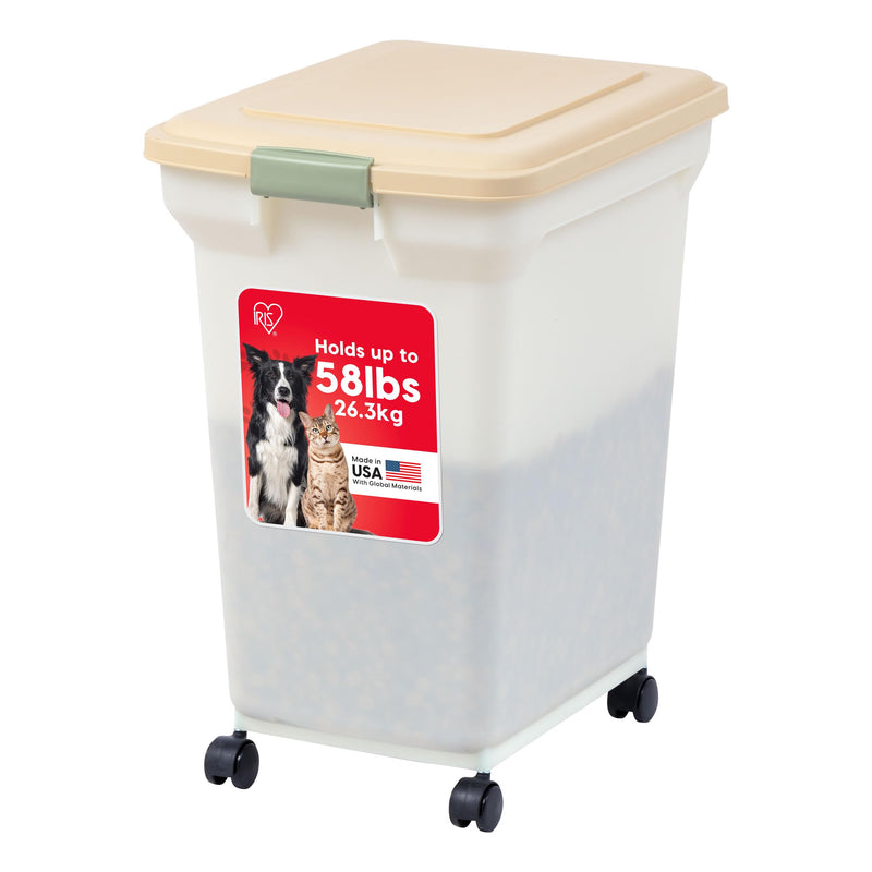IRIS USA Dog Food Storage Container 58 lbs, Attachable Wheels, for Dog Cat Birds and other Pets, Food Storage Bin, Keep Fresh, Easy Mobility, BPA Free - Made in the USA, Almond/Pearl