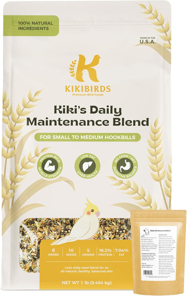 KikiBirds Premium Parrot Food| Protein-Rich Low-Fat Formula | Cockatiel, Conure, Lovebird, Quaker, Parrotlet | No Corn, Soy, Peanuts | Gourmet Whole Grains & Seeds | Daily Maintenance Blend (1 lb)