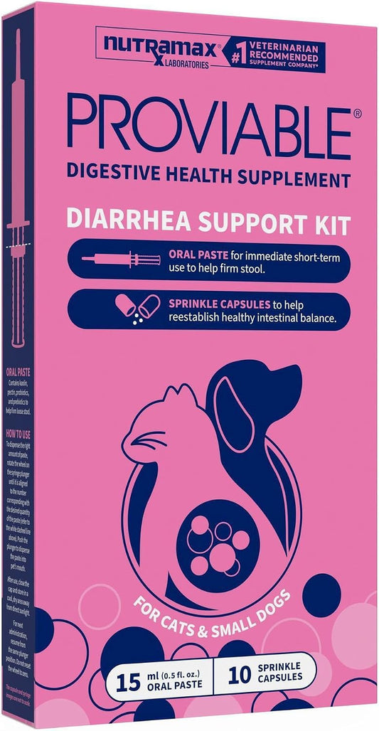 Nutramax Proviable Probiotics for Small Dogs and Cats, Diarrhea Support Kit, Digestive Health Supplement with Multiple Strains of Bacteria, Plus Prebiotics, Kaolin and Pectin, 15 ml Paste and 10 Capsules