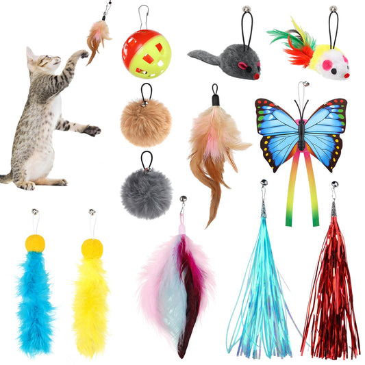 QUOZUO Cat Toys Replacement Cat Toy Wand Refills, 12 Pcs Cat Feathers Refill, Cat Toy Mouse Cat Wand Refill Attachments for Indoor Cats