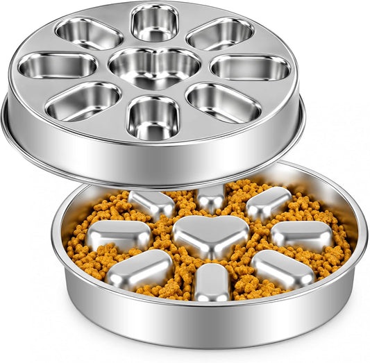 Slow Feeder Dog Bowls with Non-Slip Mat, Stainless Steel Metal Slow Feeder for Small & Medium Dogs, 2 Cups Pet Bowl for 